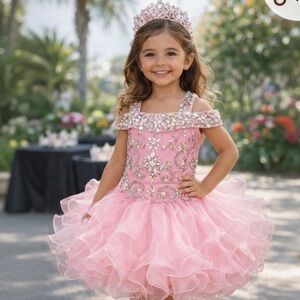 Girls beautiful princess pink cupcake glitz pageant birthday summer dress.